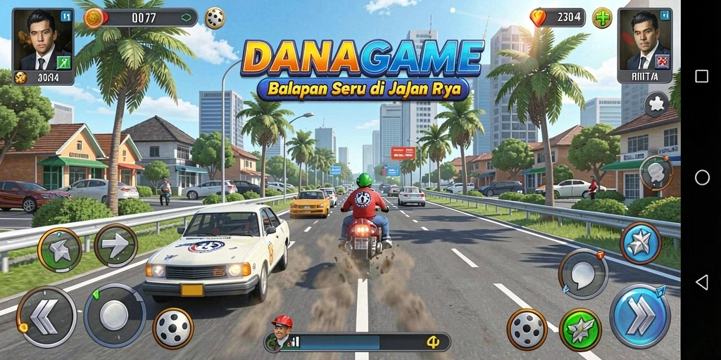 Screenshot utama DANAGAME menampilkan aksi balapan yang mendebarkan.