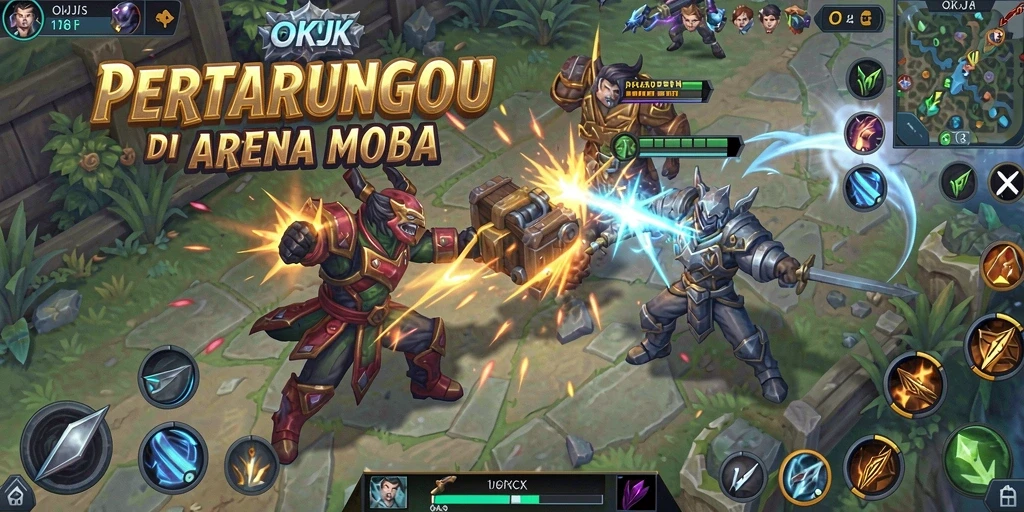 Tangkapan layar memperlihatkan pertarungan tim seru di arena MOBA.