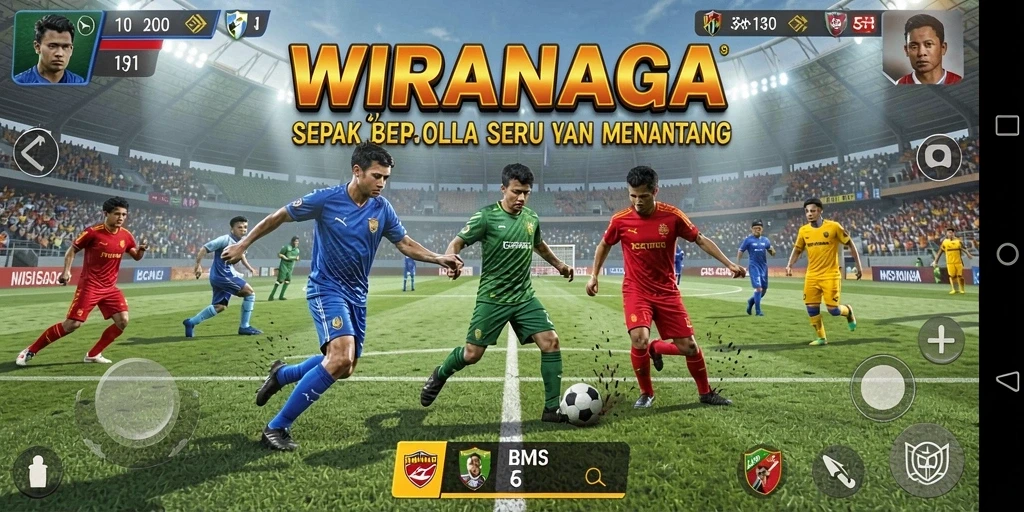 Tampilan gameplay seru dari WIRANAGA yang menampilkan aksi sepak bola.